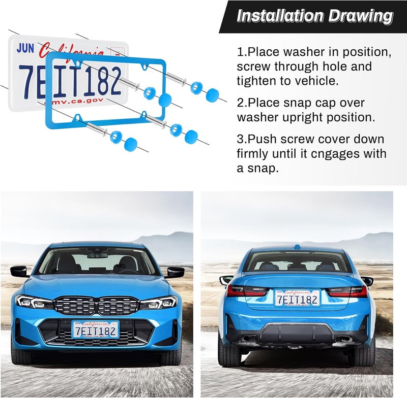 alpmosn 2PCS Stainless Steel License Plate Frames, 4 Holes Car Licence Plate Covers with Screws Washers and Caps, Car Exterior Accessories, License Plate Holder for US Vehicles (Blue) - Image 4